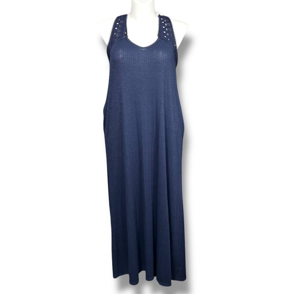 Suzanne Betro Womens Maxi Sundress Sleeveless Scoop Neck Crochet Straps Blue 2X